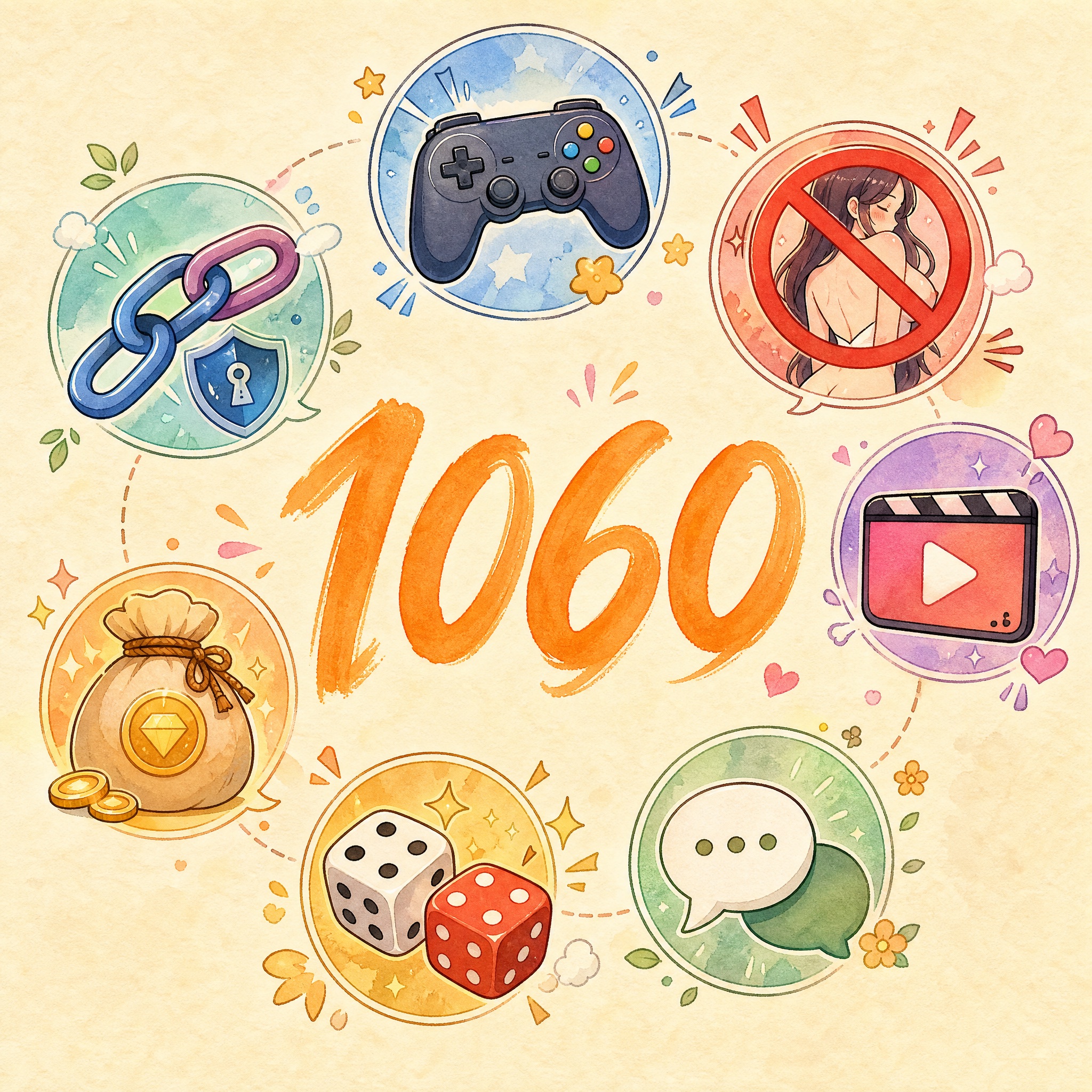 信息图: 1060 大数字 + 7 类图标围绕, 绘本风格