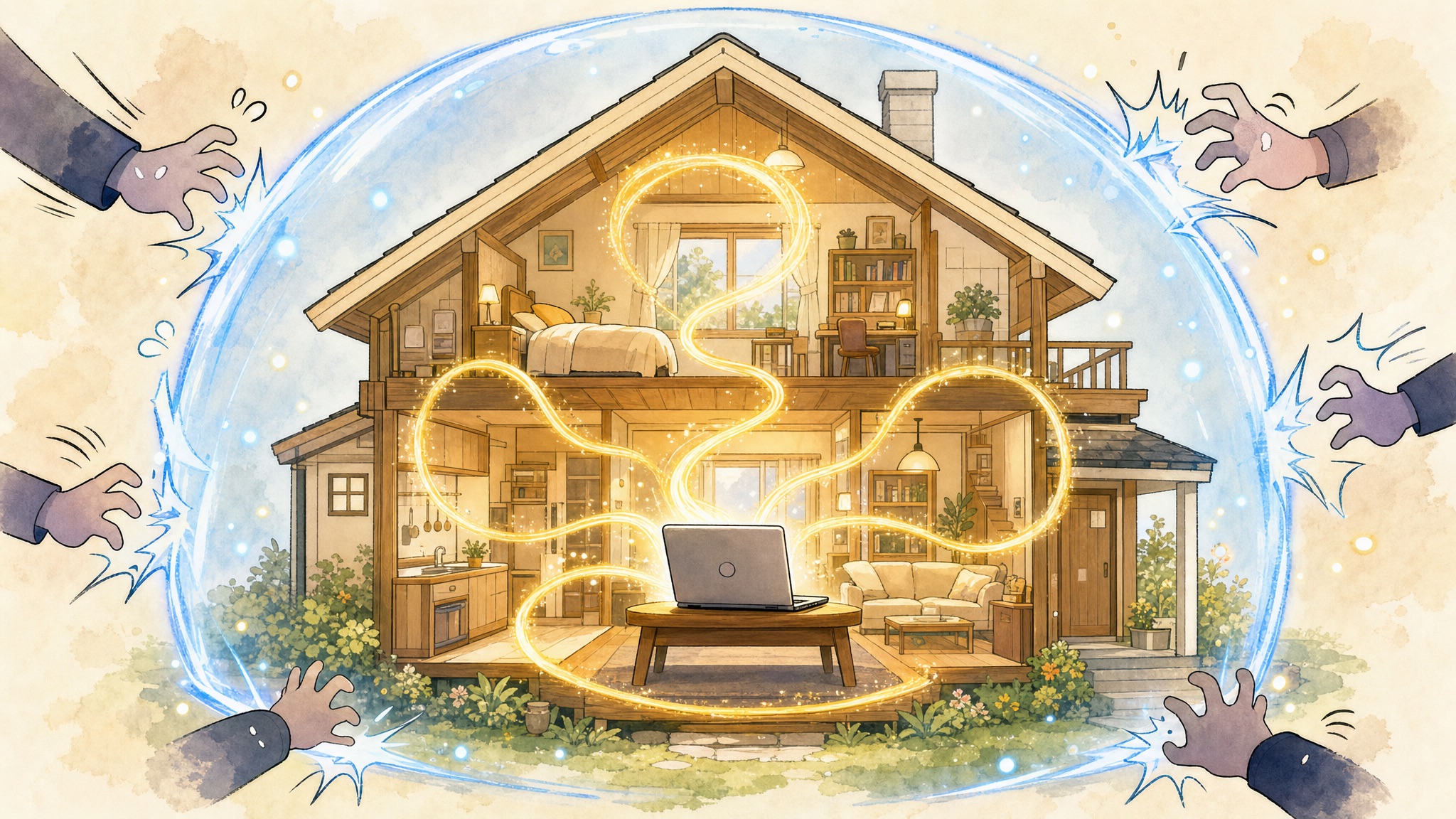 数据流被守护的漫画: 小屋 + 屏障 + 拦回的爪子, 暖色调