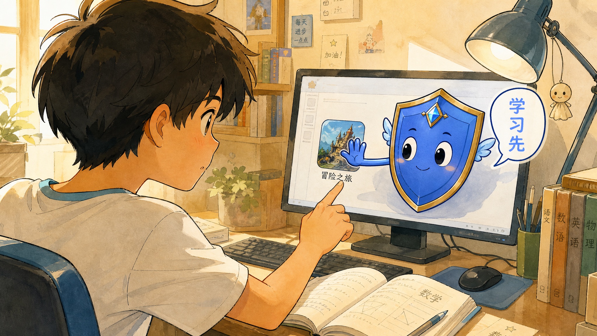 漫画分镜: 盾牌 mascot 挡住孩子点游戏图标的画面